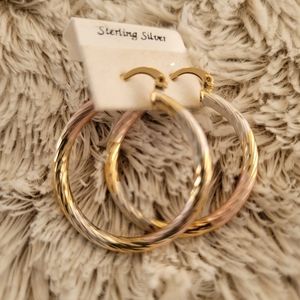 Sterling Silver 3 Tone Hoop Earrings